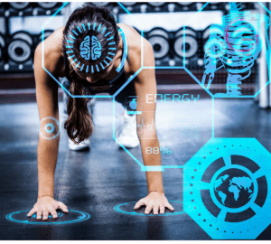 an illustration of a person working out with digital icons on them