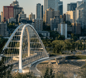 the skyline of Edmonton showing the Walterdale Bridge and downtown