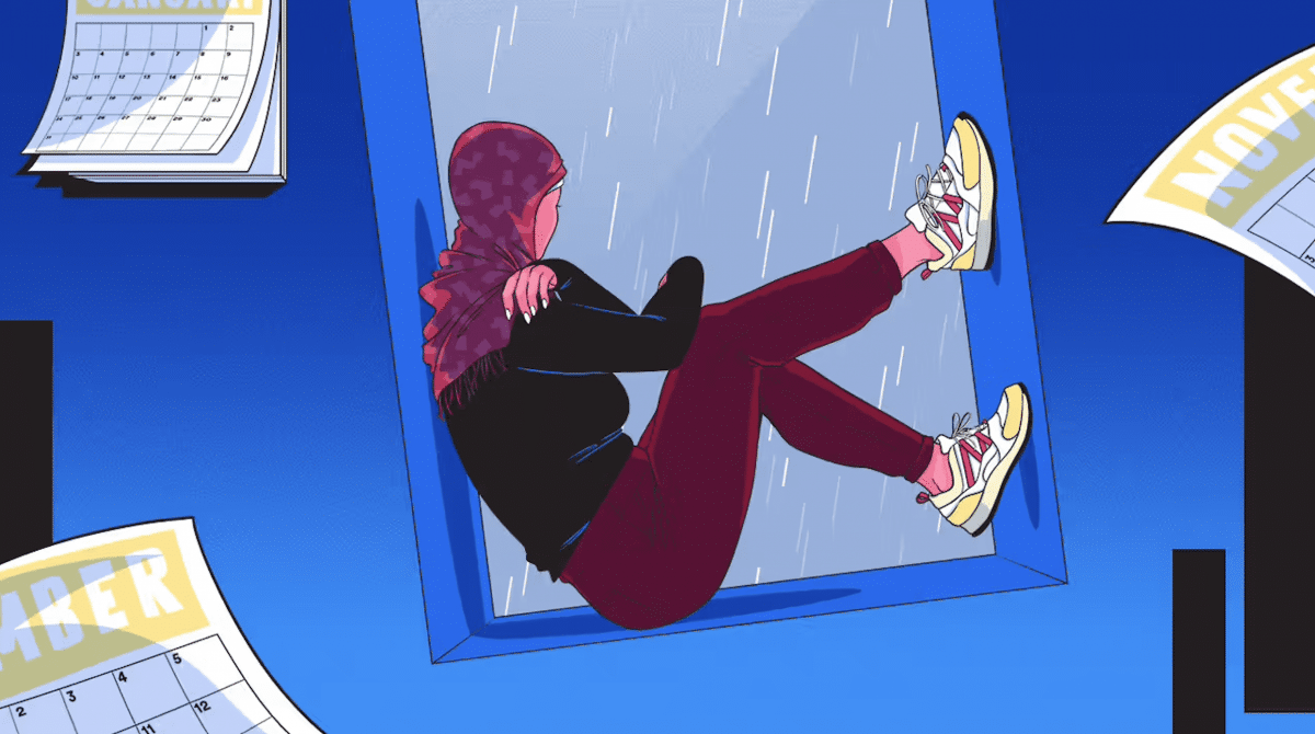an illustration of a woman wearing a hijab sitting in a window frame